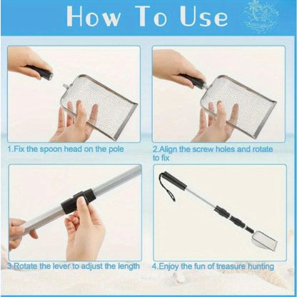 Pelle tamis de plage rétractable en acier inoxydable avec manche télescopique – Outil pour ramasser les coquillages, chercher des trésors et fouiller la plage sans se baisser | Sert aussi de pelle à litière pour chat (lot de 1 ou 2)