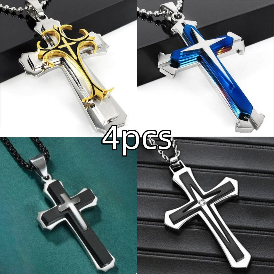 Ensemble de 4 colliers avec pendentif croix pour hommes et femmes – Colliers avec pendentif croix argentés unisexes et tendance, bijoux religieux à offrir pour un anniversaire, à la famille, aux proches et aux êtres chers