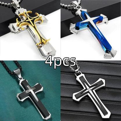 Ensemble de 4 colliers avec pendentif croix pour hommes et femmes – Colliers avec pendentif croix argentés unisexes et tendance, bijoux religieux à offrir pour un anniversaire, à la famille, aux proches et aux êtres chers