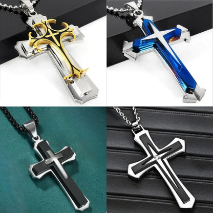 Ensemble de 4 colliers avec pendentif croix pour hommes et femmes – Colliers avec pendentif croix argentés unisexes et tendance, bijoux religieux à offrir pour un anniversaire, à la famille, aux proches et aux êtres chers