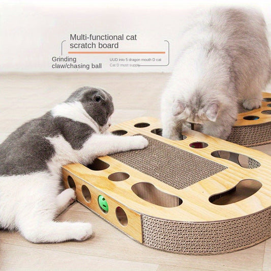 Jouet griffoir interactif pour chat avec circuit à bille, plateforme carrée à plusieurs niveaux en carton ondulé, tapis à griffer et espace de jeu pour chats et chatons avec balle tournante