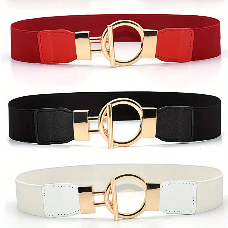 Lot de 3 ceintures élastiques pour femme – Ceinture large à boucle ronde, ensemble de ceintures extensibles de couleur unie classique (noir, rouge et blanc) pour robes, manteaux et tenues du quotidien