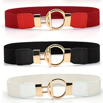 Lot de 3 ceintures élastiques pour femme – Ceinture large à boucle ronde, ensemble de ceintures extensibles de couleur unie classique (noir, rouge et blanc) pour robes, manteaux et tenues du quotidien