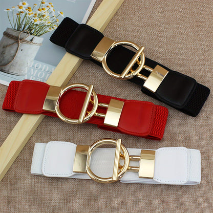 Lot de 3 ceintures élastiques pour femme – Ceinture large à boucle ronde, ensemble de ceintures extensibles de couleur unie classique (noir, rouge et blanc) pour robes, manteaux et tenues du quotidien
