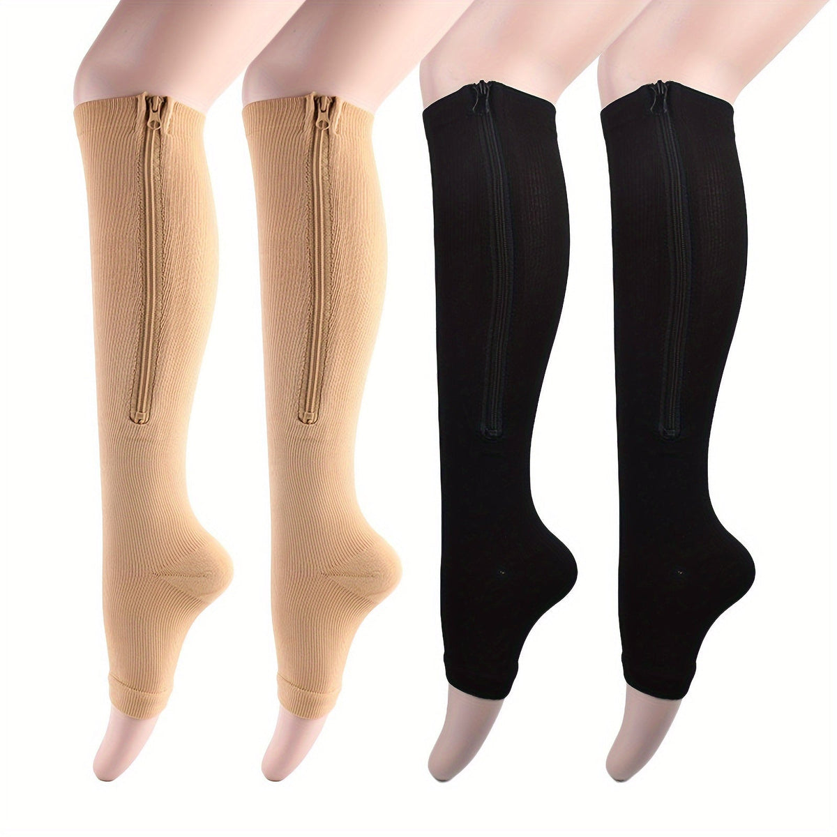 Chaussettes de compression à fermeture éclair latérale pour hommes et femmes – Chaussettes de soutien respirantes faciles à enfiler et à retirer pour pieds fatigués et gonflés, 50 % nylon et 50 % polyester, noir et beige clair, S/M et L/XL