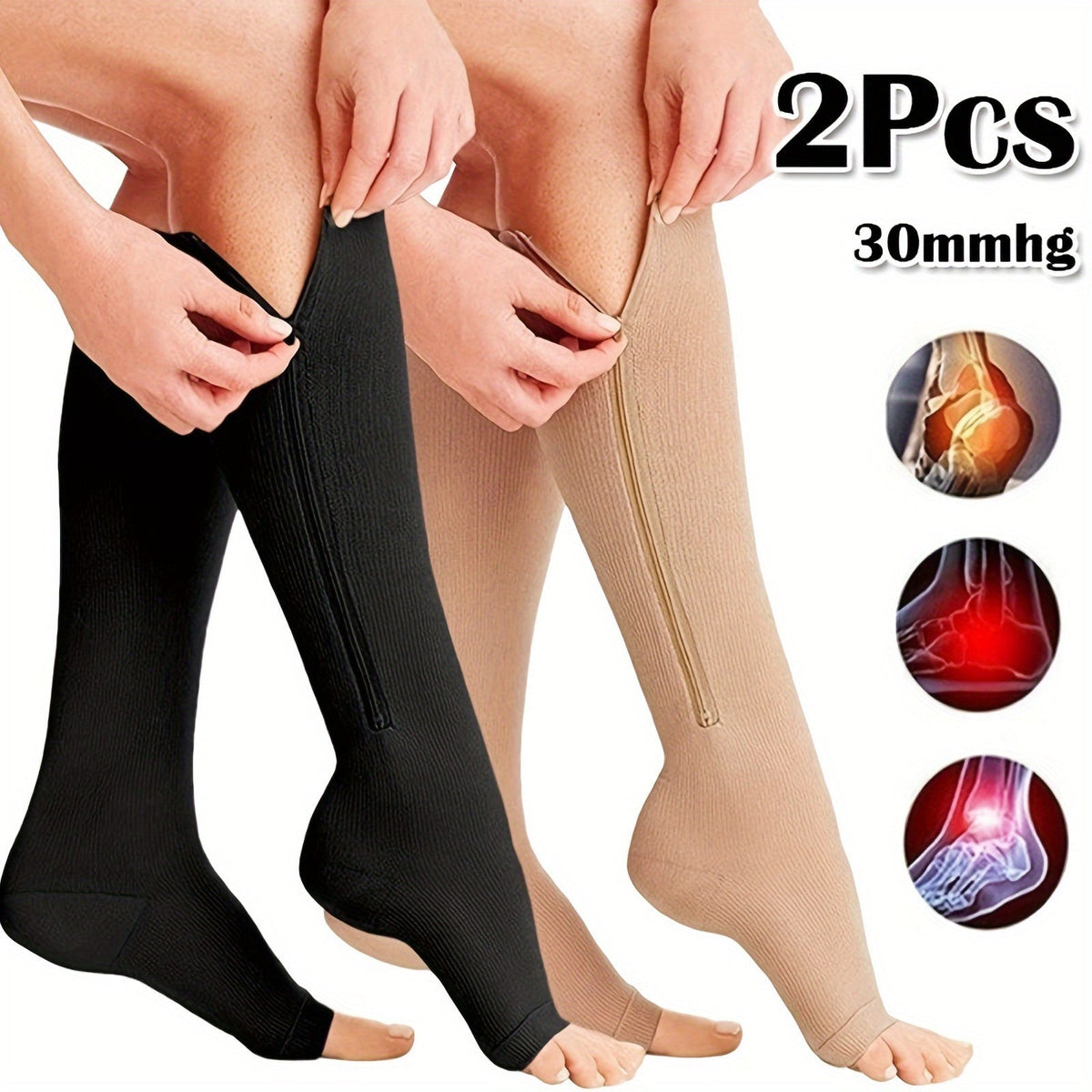 Chaussettes de compression à fermeture éclair latérale pour hommes et femmes – Chaussettes de soutien respirantes faciles à enfiler et à retirer pour pieds fatigués et gonflés, 50 % nylon et 50 % polyester, noir et beige clair, S/M et L/XL