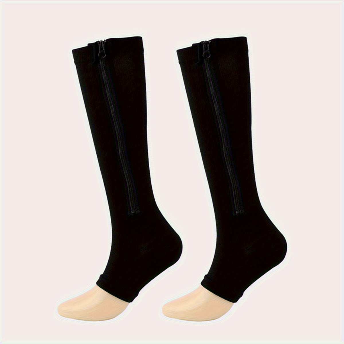 Chaussettes de compression à fermeture éclair latérale pour hommes et femmes – Chaussettes de soutien respirantes faciles à enfiler et à retirer pour pieds fatigués et gonflés, 50 % nylon et 50 % polyester, noir et beige clair, S/M et L/XL