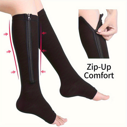 Chaussettes de compression à fermeture éclair latérale pour hommes et femmes – Chaussettes de soutien respirantes faciles à enfiler et à retirer pour pieds fatigués et gonflés, 50 % nylon et 50 % polyester, noir et beige clair, S/M et L/XL