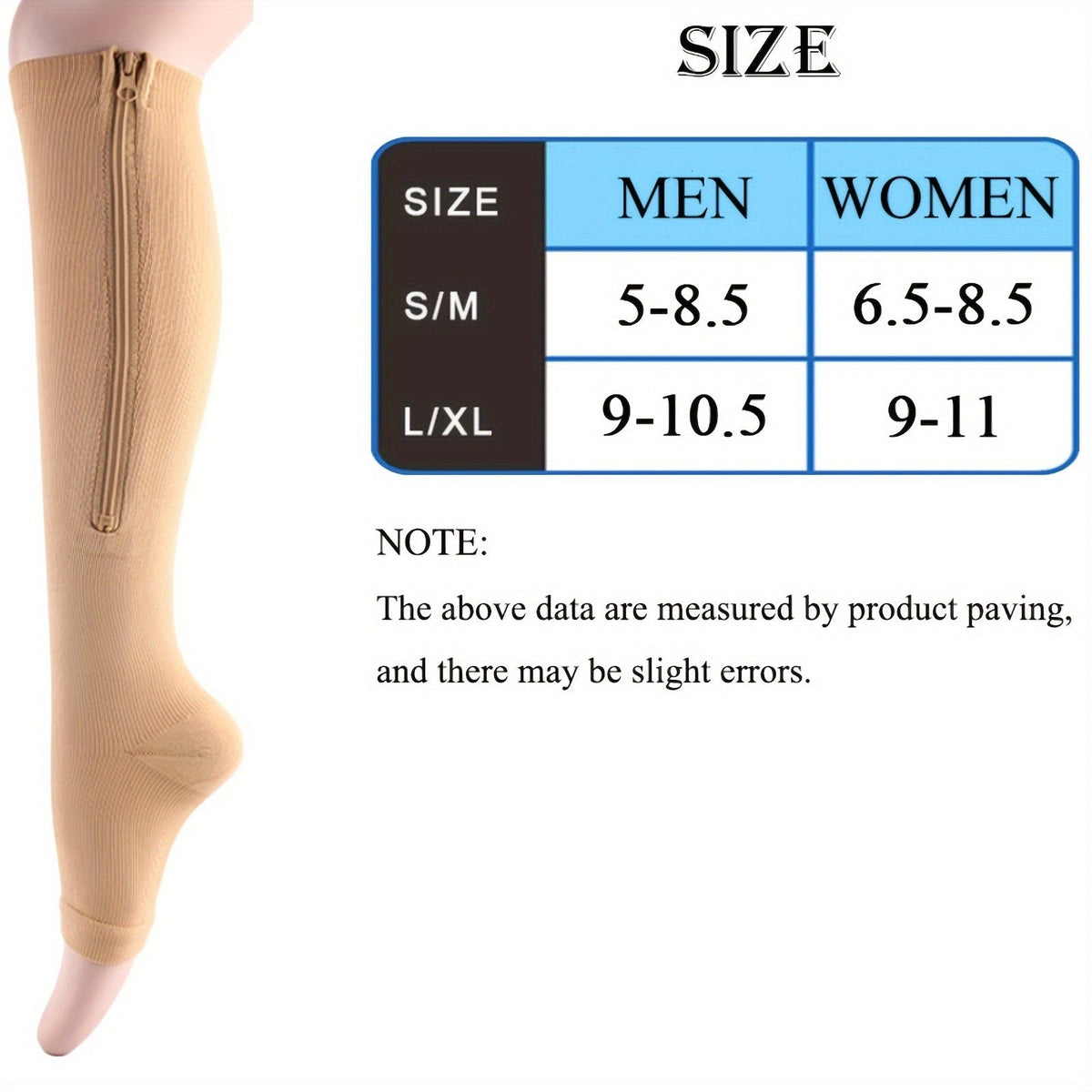 Chaussettes de compression à fermeture éclair latérale pour hommes et femmes – Chaussettes de soutien respirantes faciles à enfiler et à retirer pour pieds fatigués et gonflés, 50 % nylon et 50 % polyester, noir et beige clair, S/M et L/XL