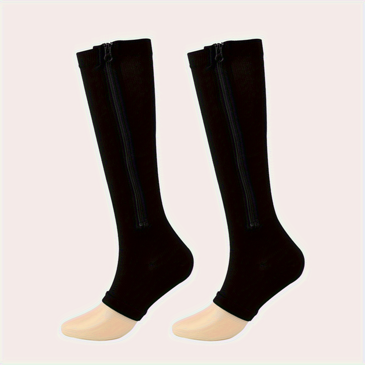 Chaussettes de compression à fermeture éclair latérale pour hommes et femmes – Chaussettes de soutien respirantes faciles à enfiler et à retirer pour pieds fatigués et gonflés, 50 % nylon et 50 % polyester, noir et beige clair, S/M et L/XL