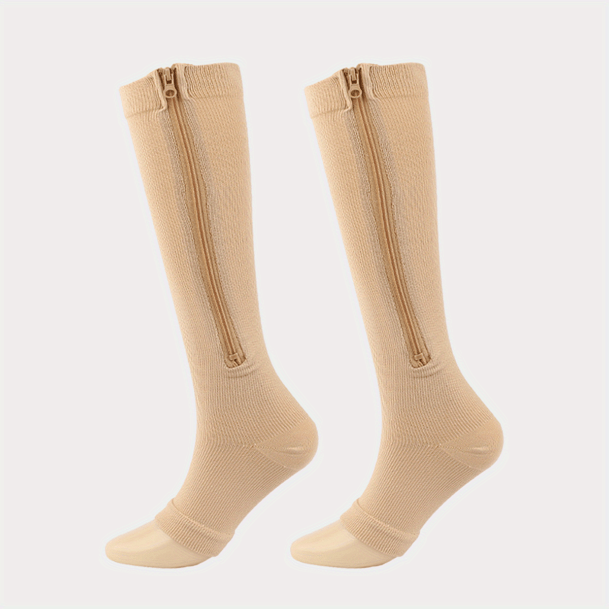 Chaussettes de compression à fermeture éclair latérale pour hommes et femmes – Chaussettes de soutien respirantes faciles à enfiler et à retirer pour pieds fatigués et gonflés, 50 % nylon et 50 % polyester, noir et beige clair, S/M et L/XL