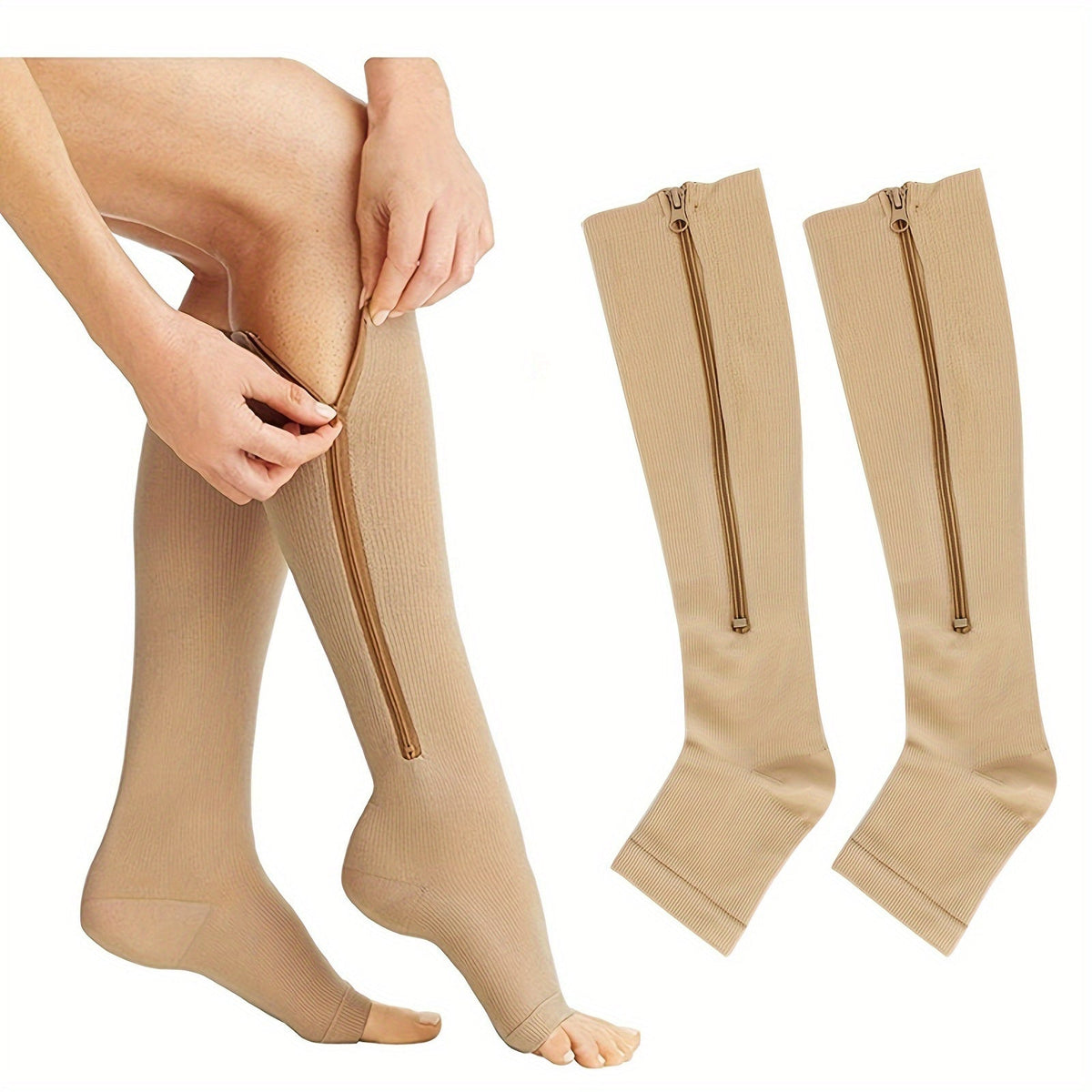 Chaussettes de compression à fermeture éclair latérale pour hommes et femmes – Chaussettes de soutien respirantes faciles à enfiler et à retirer pour pieds fatigués et gonflés, 50 % nylon et 50 % polyester, noir et beige clair, S/M et L/XL