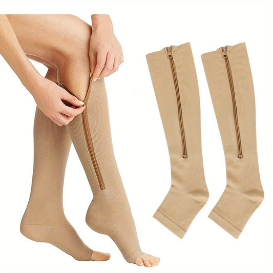 Chaussettes de compression à fermeture éclair latérale pour hommes et femmes – Chaussettes de soutien respirantes faciles à enfiler et à retirer pour pieds fatigués et gonflés, 50 % nylon et 50 % polyester, noir et beige clair, S/M et L/XL