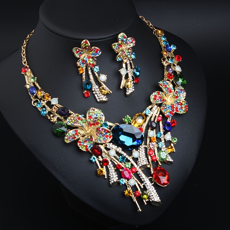 Parure collier et boucles d'oreilles fleur bohème pour femme – Ensemble de bijoux fantaisie 3 pièces en mosaïque de verre coloré, style bohème vibrant, cadeau idéal pour fêtes, mariages et occasions spéciales