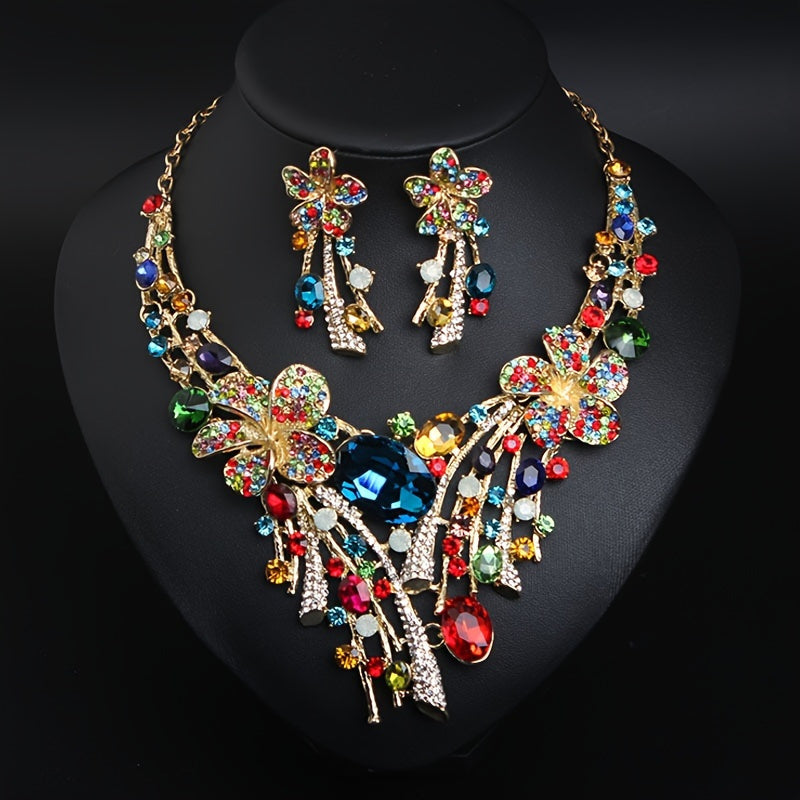 Parure collier et boucles d'oreilles fleur bohème pour femme – Ensemble de bijoux fantaisie 3 pièces en mosaïque de verre coloré, style bohème vibrant, cadeau idéal pour fêtes, mariages et occasions spéciales
