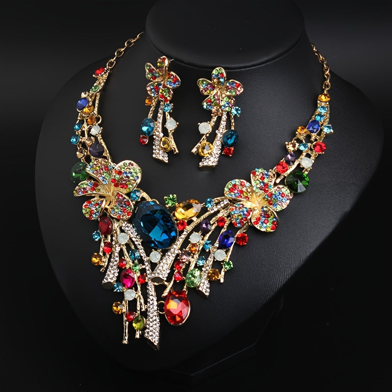 Parure collier et boucles d'oreilles fleur bohème pour femme – Ensemble de bijoux fantaisie 3 pièces en mosaïque de verre coloré, style bohème vibrant, cadeau idéal pour fêtes, mariages et occasions spéciales