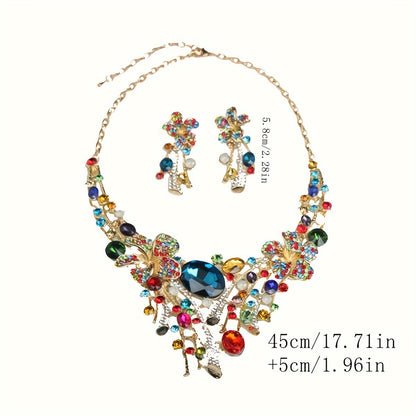 Parure collier et boucles d'oreilles fleur bohème pour femme – Ensemble de bijoux fantaisie 3 pièces en mosaïque de verre coloré, style bohème vibrant, cadeau idéal pour fêtes, mariages et occasions spéciales