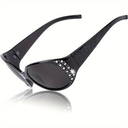 Lunettes de soleil polarisées enveloppantes pour femmes avec détails en strass, protection UV, verres dégradés, monture écran oversize, 4 couleurs