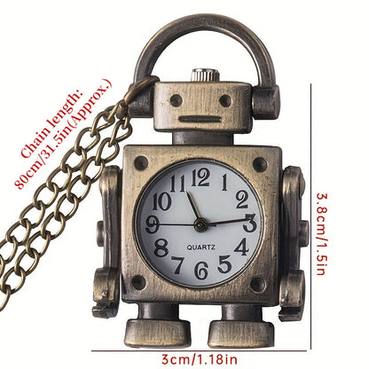 Montre de poche à quartz en forme de robot vintage avec porte-clés – Pendentif rond rétro en alliage de zinc, breloque de sac, cadeau unique pour Noël, un anniversaire ou le Nouvel An