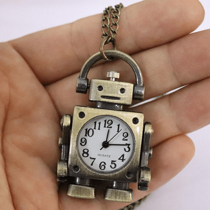 Montre de poche à quartz en forme de robot vintage avec porte-clés – Pendentif rond rétro en alliage de zinc, breloque de sac, cadeau unique pour Noël, un anniversaire ou le Nouvel An