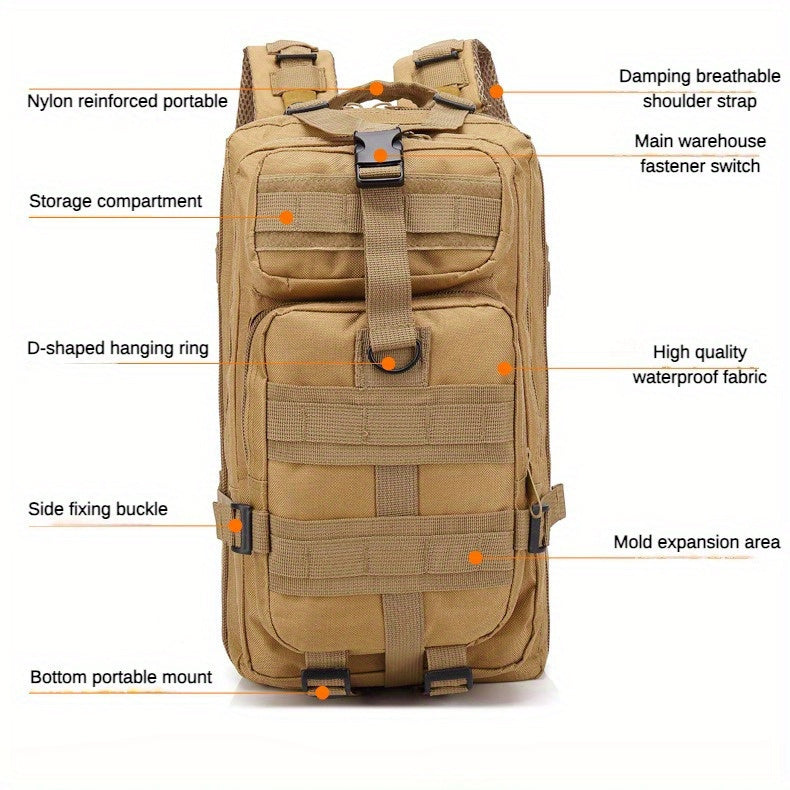 Sac à dos de randonnée tactique camouflage 21-25 L pour homme – Sac de montagne multifonctionnel pour le camping, l'escalade et la randonnée, fermeture éclair, sac d'équipement durable en noir, vert armée et kaki