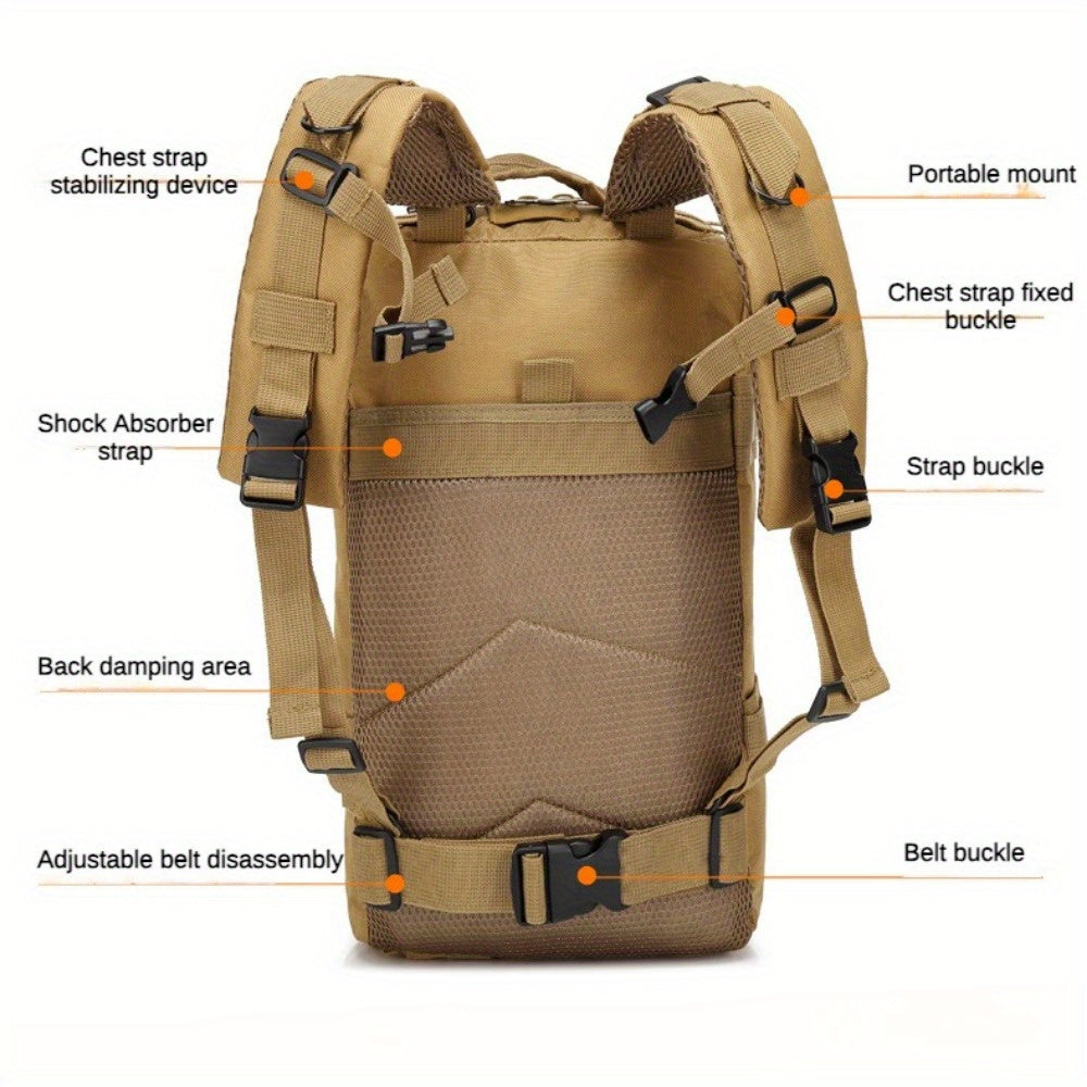 Sac à dos de randonnée tactique camouflage 21-25 L pour homme – Sac de montagne multifonctionnel pour le camping, l'escalade et la randonnée, fermeture éclair, sac d'équipement durable en noir, vert armée et kaki