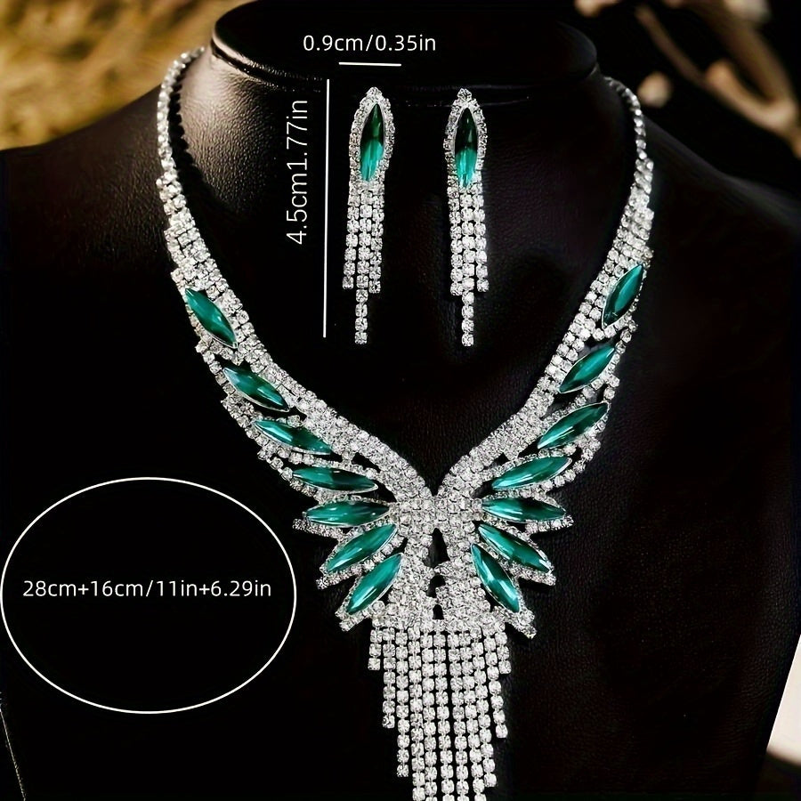 Parure de bijoux pour femme en strass cristal et pierre synthétique verte – Élégant ensemble collier et boucles d’oreilles 2 pièces, somptueux cadeau de bijoux pour mariage, fête ou bal, pour ses occasions spéciales