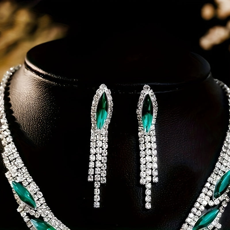 Parure de bijoux pour femme en strass cristal et pierre synthétique verte – Élégant ensemble collier et boucles d’oreilles 2 pièces, somptueux cadeau de bijoux pour mariage, fête ou bal, pour ses occasions spéciales