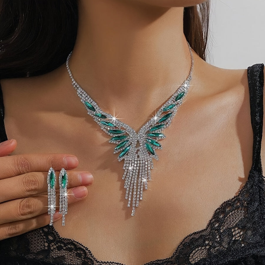 Parure de bijoux pour femme en strass cristal et pierre synthétique verte – Élégant ensemble collier et boucles d’oreilles 2 pièces, somptueux cadeau de bijoux pour mariage, fête ou bal, pour ses occasions spéciales