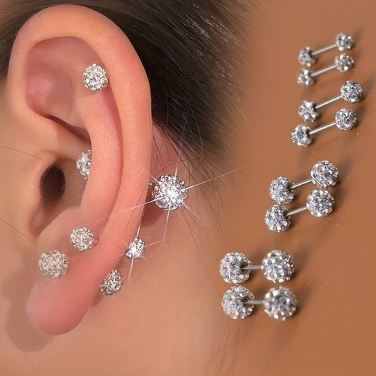 4Pcs 925 Sterling Silver Earrings Set – Boho Sphere Stud Earrings with Cubic Zirconia Inlay, Dainty Luxury Fashion Jewelry Gift for Women, Hypoallergenic Silver Earring Set