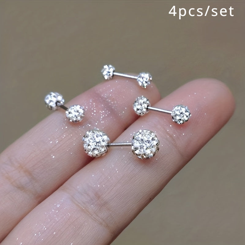 Lot de 4 boucles d'oreilles en argent sterling 925 – Clous d'oreilles bohèmes sphériques avec incrustation de zirconium, bijoux fantaisie de luxe délicats pour femmes, ensemble de boucles d'oreilles en argent hypoallergénique