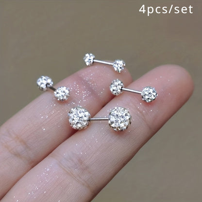 Lot de 4 boucles d'oreilles en argent sterling 925 – Clous d'oreilles bohèmes sphériques avec incrustation de zirconium, bijoux fantaisie de luxe délicats pour femmes, ensemble de boucles d'oreilles en argent hypoallergénique