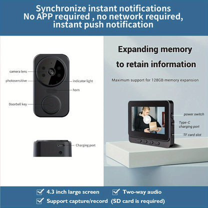 Wireless Video Doorbell Camera with Indoor Monitor – 1080P FHD, No Wi-Fi Needed, Night Vision, Two-Way Audio, 4.3" IPS Screen, Long Battery Life, SD Card Storage, Easy Install for Home Security