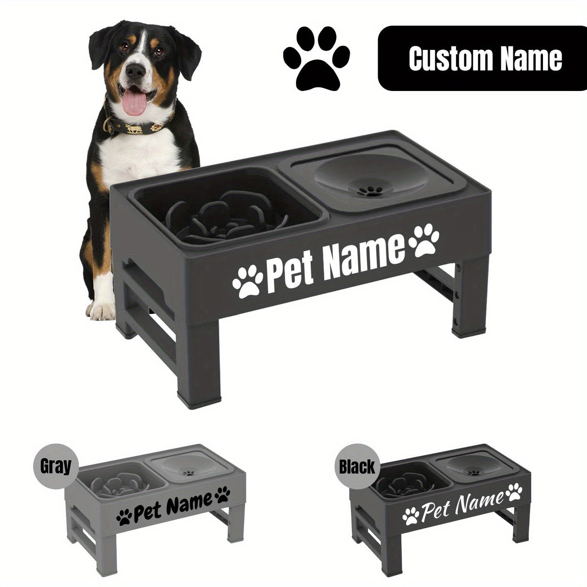 Gamelles surélevées pour chien avec support réglable - Distributeur lent personnalisé et bol d'eau anti-éclaboussures pour chiens de petite, moyenne et grande taille - Ensemble de gamelles surélevées avec options de police personnalisées, noir ou gris