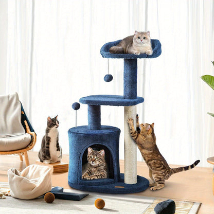 Arbre à chat de 81 cm pour chats d'intérieur – Condo douillet, poteau à griffer en sisal, perchoirs en peluche et jouets pompons, tour pour chat bleu jean pour petits et moyens chats, excellent cadeau de mobilier pour chat