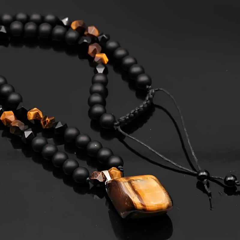 Collier pour homme en œil de tigre, perles en pierre naturelle de 8 mm, pendentif, longue chaîne réglable en agate noire, bijoux bohèmes pour homme, cadeau