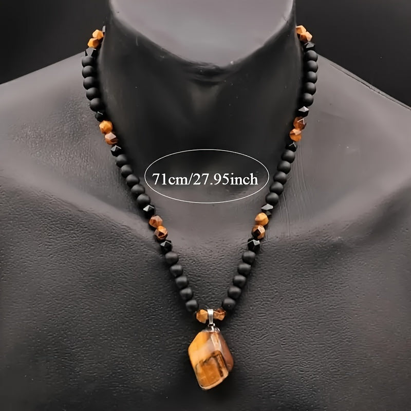 Collier pour homme en œil de tigre, perles en pierre naturelle de 8 mm, pendentif, longue chaîne réglable en agate noire, bijoux bohèmes pour homme, cadeau