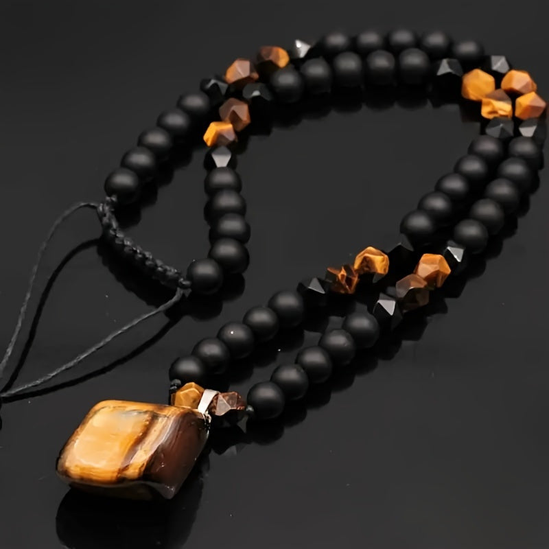 Collier pour homme en œil de tigre, perles en pierre naturelle de 8 mm, pendentif, longue chaîne réglable en agate noire, bijoux bohèmes pour homme, cadeau