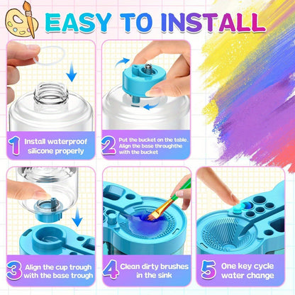 Nettoyant pour pinceaux 6-en-1 amélioré avec bac de drainage, porte-pinceau et outil de nettoyage à circulation d'eau pour peinture acrylique, aquarelle et peintures à l'eau, fournitures d'art pour artistes, bleu et violet