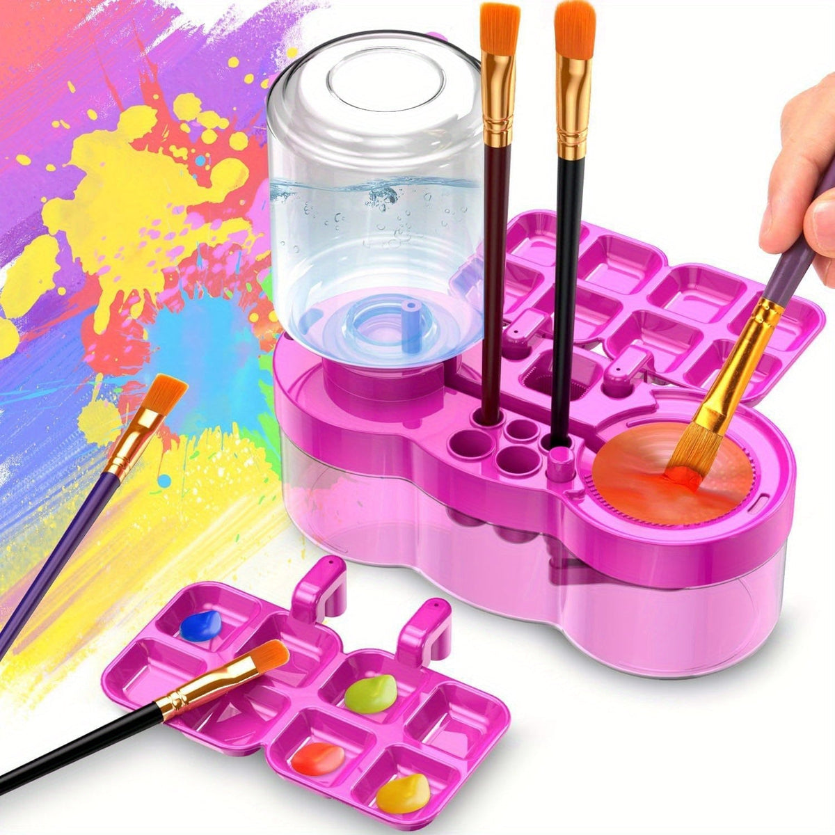 Nettoyant pour pinceaux 6-en-1 amélioré avec bac de drainage, porte-pinceau et outil de nettoyage à circulation d'eau pour peinture acrylique, aquarelle et peintures à l'eau, fournitures d'art pour artistes, bleu et violet