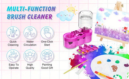 Nettoyant pour pinceaux 6-en-1 amélioré avec bac de drainage, porte-pinceau et outil de nettoyage à circulation d'eau pour peinture acrylique, aquarelle et peintures à l'eau, fournitures d'art pour artistes, bleu et violet