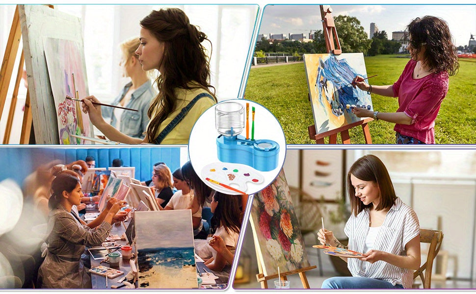 Nettoyant pour pinceaux 6-en-1 amélioré avec bac de drainage, porte-pinceau et outil de nettoyage à circulation d'eau pour peinture acrylique, aquarelle et peintures à l'eau, fournitures d'art pour artistes, bleu et violet