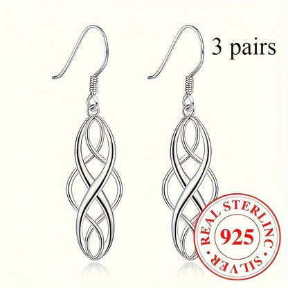 Lot de 3 paires de boucles d'oreilles pendantes en argent sterling 925 avec nœud celtique pour femme – Parure de boucles d'oreilles pendantes creuses hypoallergéniques, cadeau de bijoux élégants pour le quotidien et les tenues décontractées