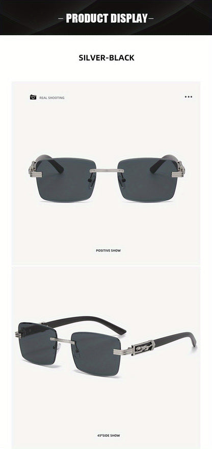 Lunettes de soleil rectangulaires vintage sans monture pour hommes et femmes – Lunettes tendance avec branches léopard et protection UV, 7 couleurs de verres, lunettes unisexes stylées pour l'extérieur, la conduite, les voyages, les fêtes et le quotidien