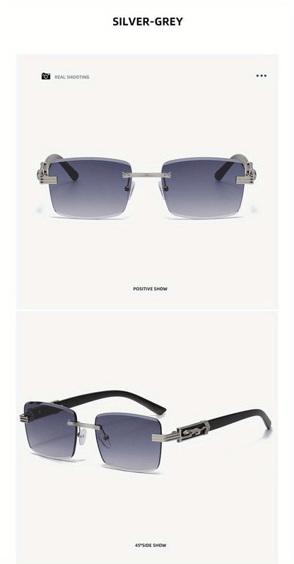Lunettes de soleil rectangulaires vintage sans monture pour hommes et femmes – Lunettes tendance avec branches léopard et protection UV, 7 couleurs de verres, lunettes unisexes stylées pour l'extérieur, la conduite, les voyages, les fêtes et le quotidien