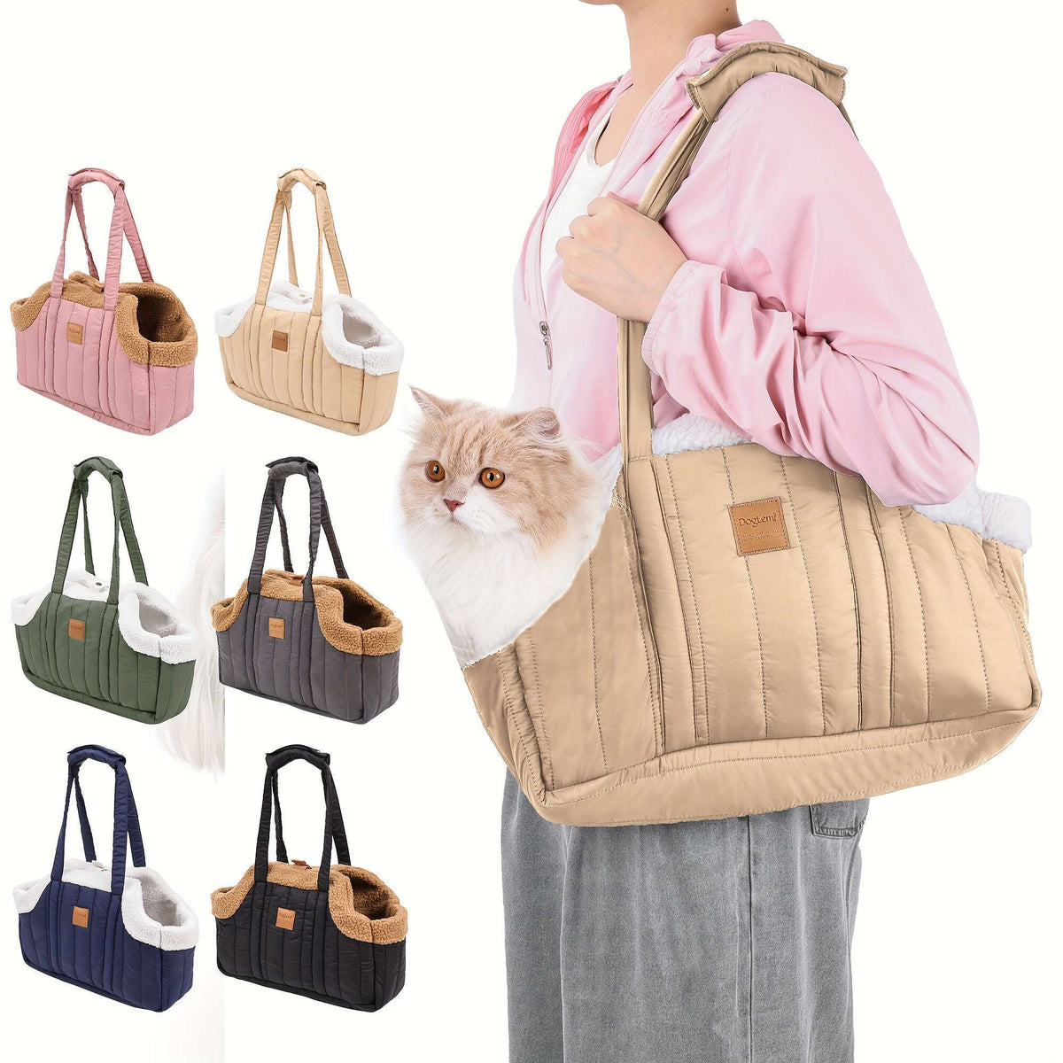 Sac de transport d'hiver pour animaux avec fermeture à pression – Sac fourre-tout chaud et confortable pour petits chiens et chats, idéal pour les activités en extérieur, disponible en marron, noir, beige, rose, vert et bleu