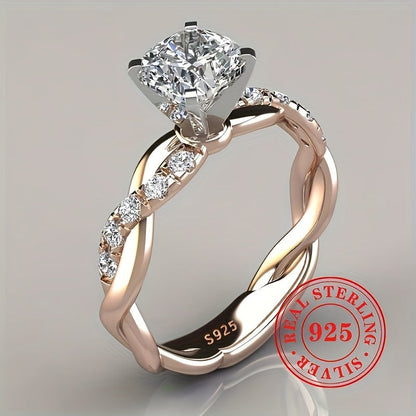 Bague de fiançailles halo torsadée en or rose, argent sterling 925, oxyde de zirconium taille princesse, 4 griffes, style bohème vintage, bague de mariage pour femme, tailles 6-10, cadeau de bijoux