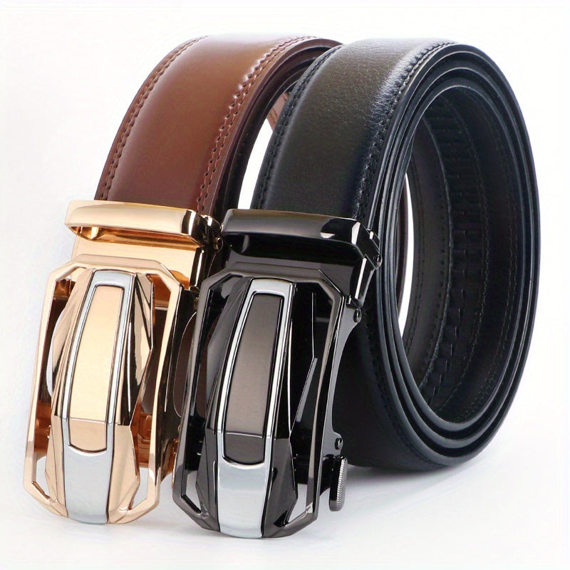 Lot de 2 ceintures à cliquet en cuir pour homme, boucle automatique en alliage de zinc, noir et marron, pour tour de taille de 76 à 112 cm, ceinture décontractée et habillée, cadeau pour lui