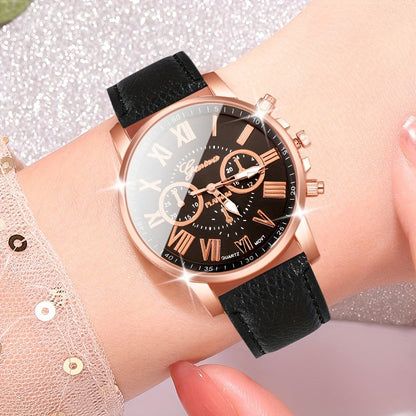 Coffret de 3 montres à quartz pour femme avec chiffres romains - Montre analogique tendance à cadran rond avec bracelets en noir, blanc et rose, élégant coffret cadeau pour anniversaire, Saint-Valentin et fêtes