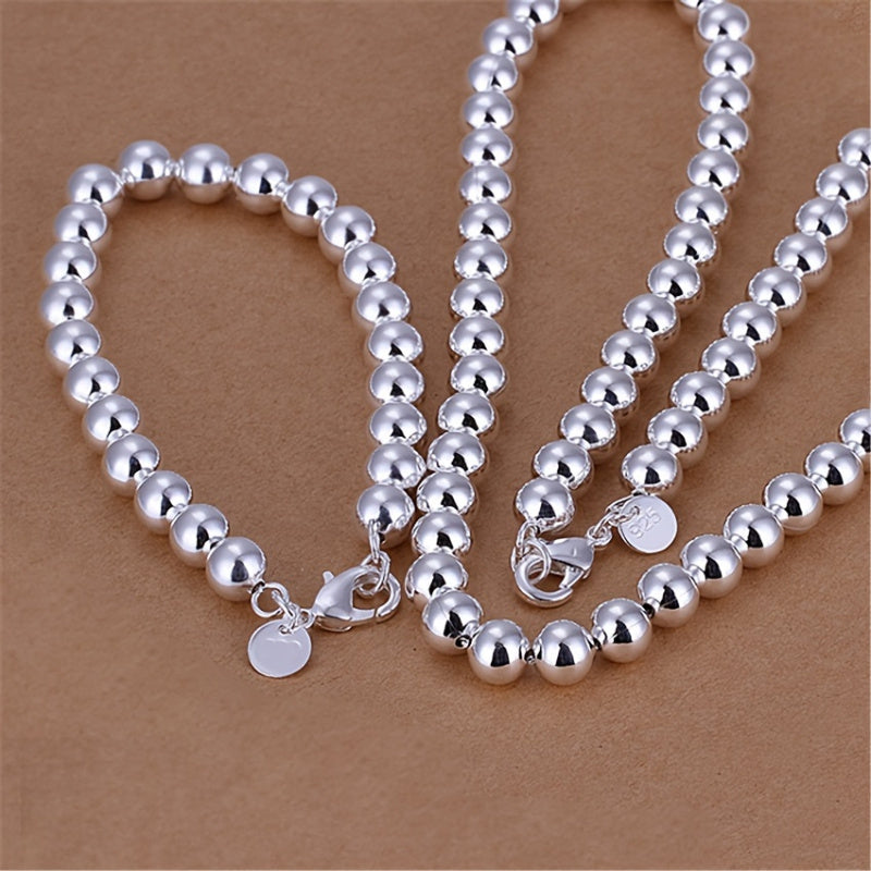 Parure de bijoux pour homme et femme composée d'un bracelet et d'un collier en chaîne perlée en argent sterling 925 – Ensemble de 2 pièces unisexe hypoallergénique, cadeau pour couple, design créatif pour le quotidien, les fêtes et les grandes occasions